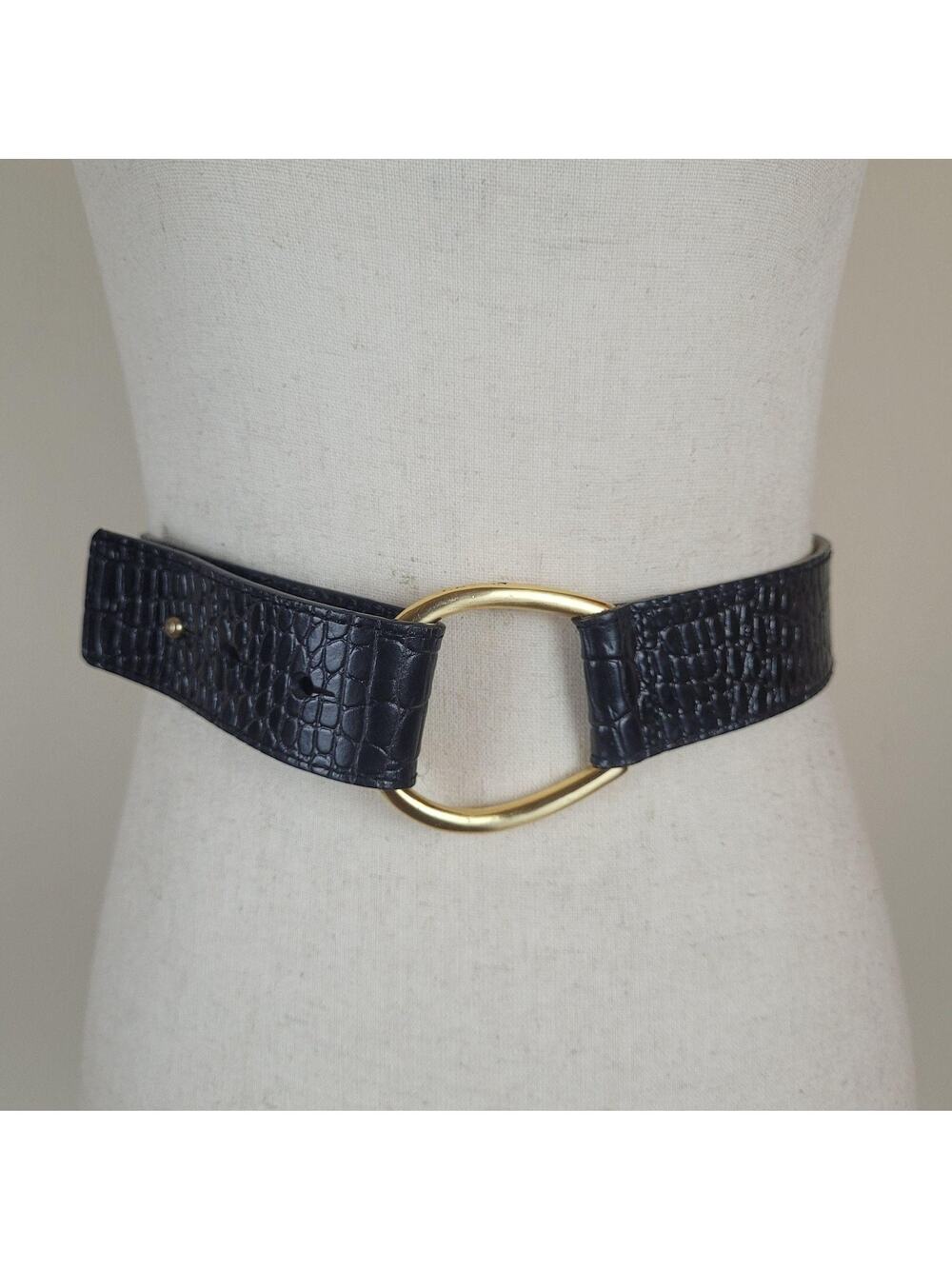 Talbots Belt Large Black Leather Croc Embossed Wide D Ring Gold Buckle Waist